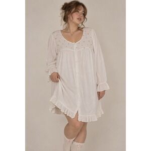 VTG Nightgown L White Floral Embroidered Ruffle Mini Nap Dress Coquette Prairie
